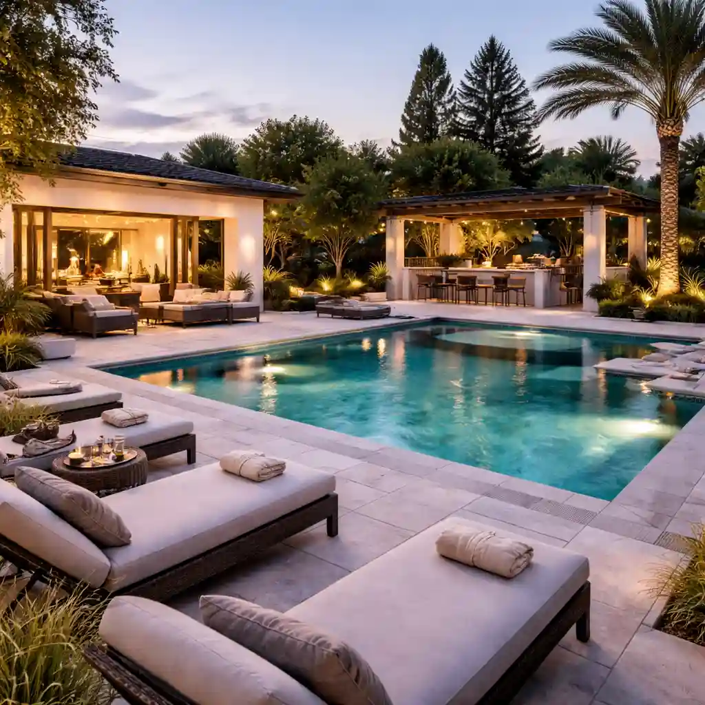 3D render of a luxury villa pool deck with premium finishes and open views.